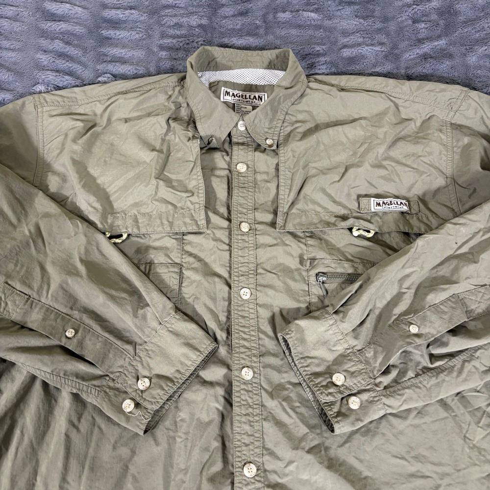 Magellan Sportswear Mens XL Olive Green Long Sleeve Vented Fishing Shirt AR555